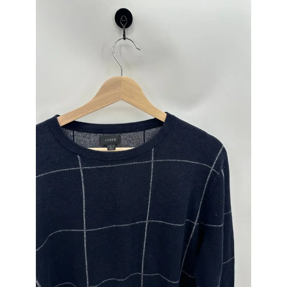 J. Crew‎ Mens Blue Cotton Cashmere Windowpane Birdseye Crewneck Sweater J3204 L